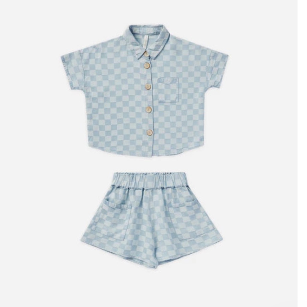 Rylee + Cru Kelli Set in Blue Check- Button-Up Shirt and Shorts Set